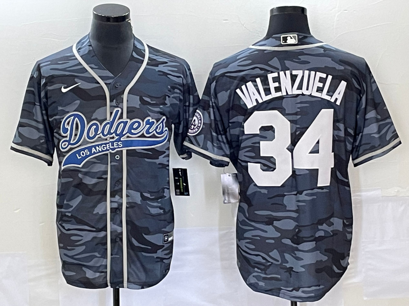 Men's Los Angeles Dodgers Fernando Valenzuela #34 Grey Camouflage Jersey Joint Edition